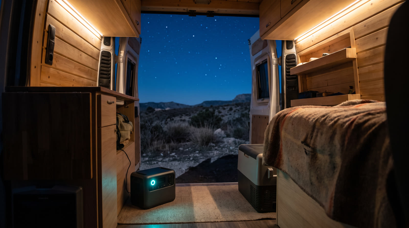 Interior de camper de noche con las puertas abiertas al cielo estrellado