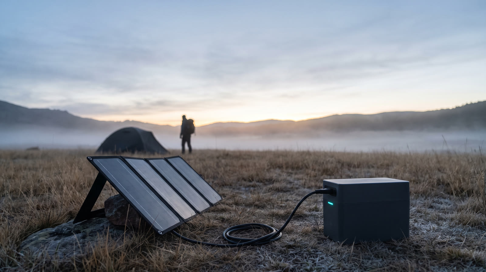 Campamento al amanecer con panel solar plegable