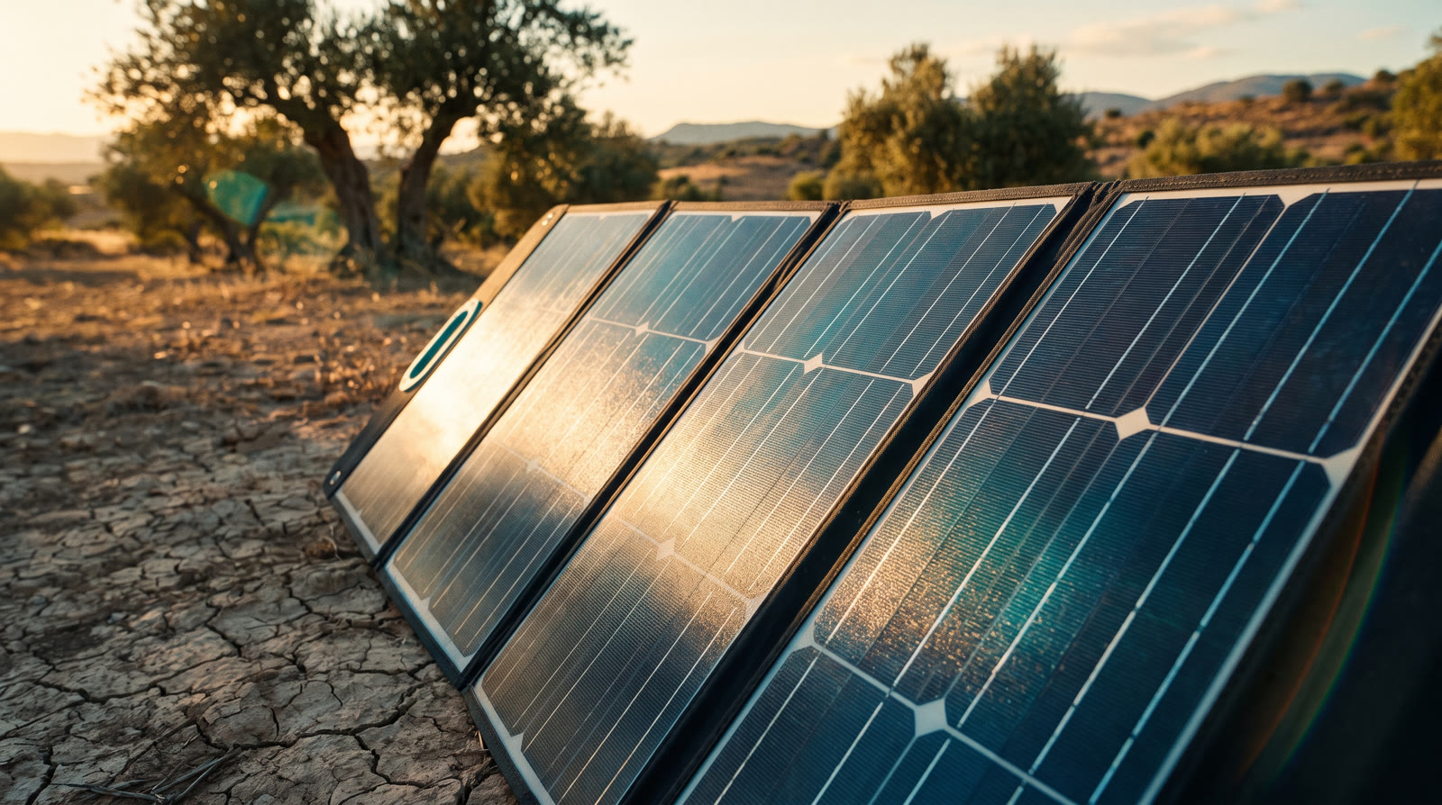 Panel solar plegable desplegado al sol entre olivos